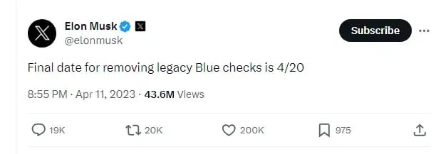 Elon Musks post about removing Blue checks