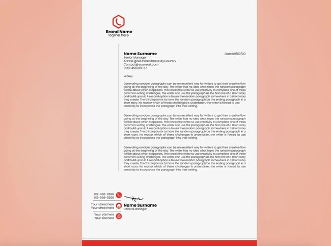 Letterhead with off-center layout using pink and coral sidebar with centered text column and logo placement