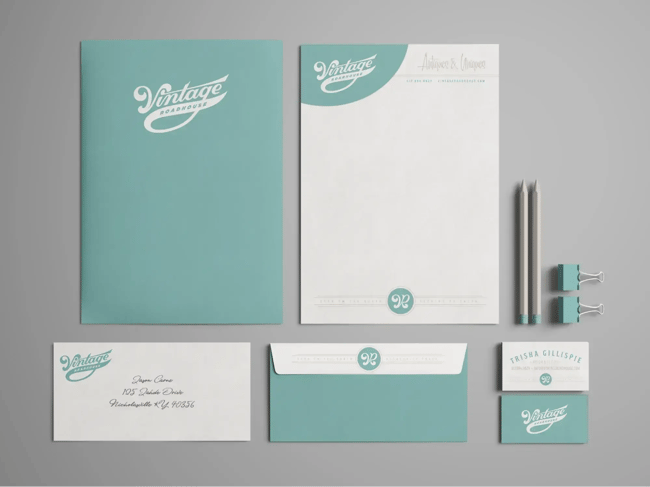Vintage Roadhouse branding stationery set featuring prominent teal and white logo