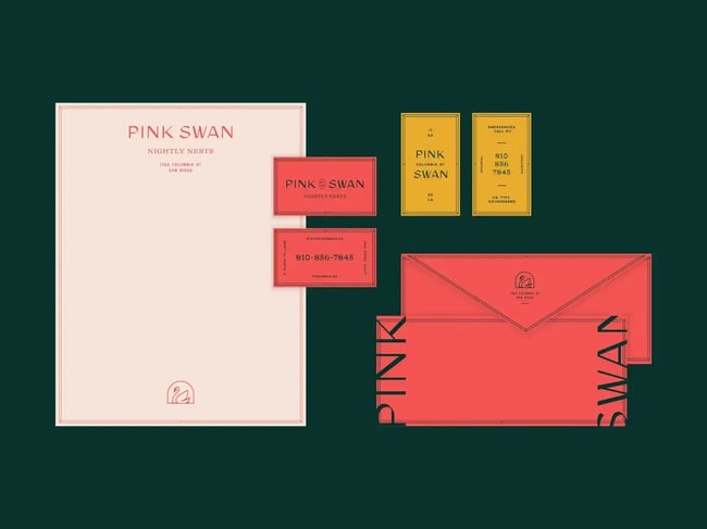 Pink Swan restaurant branding featuring cream letterhead with pink accent and red envelope design