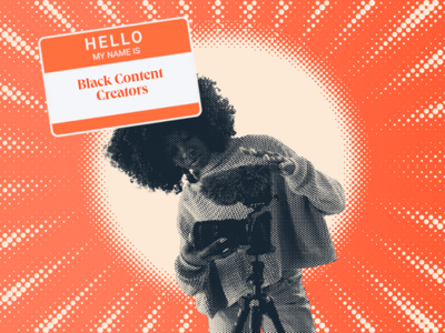 a hubspot-branded graphic of a black woman content creator setting up a camera on a tripod next to a nametag that says black content creators