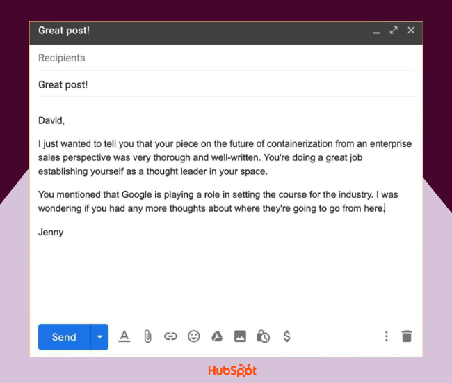 linkedin message from jenny complimenting davids thought leadership on containerization and requesting further insight on industry direction