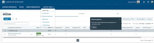 How to install the linkedin insight tag on your website: step 2 select ad account
