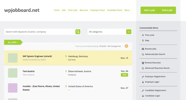 live demo of wordpress job board plugin, WPJobBoard, using dedicated job board theme