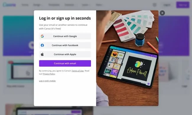 login page example: canva