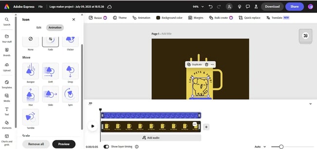logo animations, adobe express editor