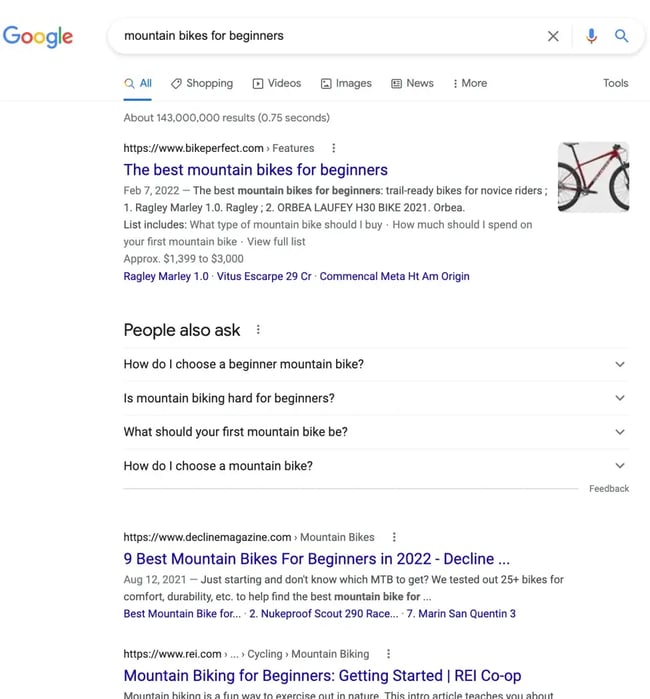 Results for long tail keywords on the serp