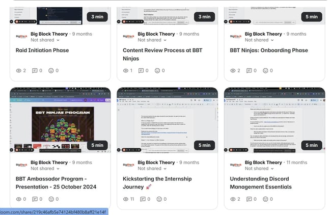 Loom Dashboard of a company, Loom Screenshare videos