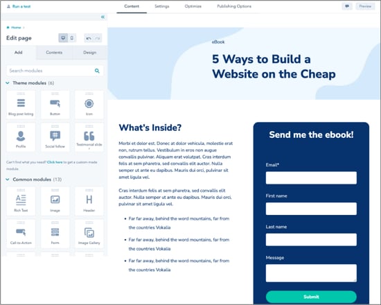 HubSpot's free landing page builder dashboard