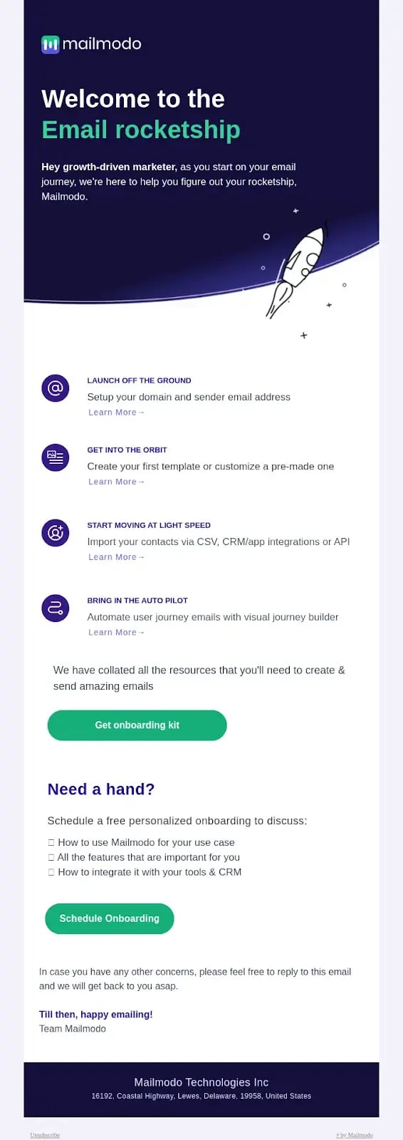 Mailmodos welcome email is a good email drip campaign example.