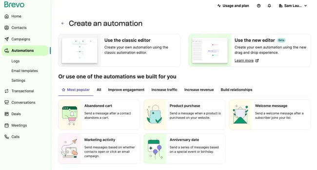 marketing automation tools, image from Brevo showing marketing automation templates