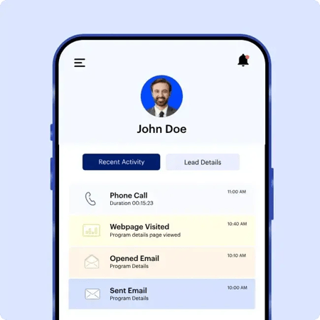 marketing automation tools, image from LeadSquared showing recent marketing activity for a contact
