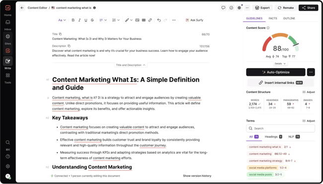 marketing automation tools, image from surfer showing content optimization