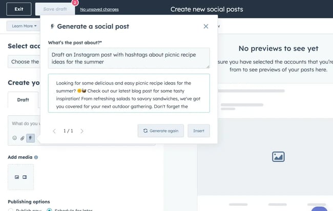 HubSpot AI Social Media Post Generator interface showing AI social media marketing tools for content creation and campaign workflows