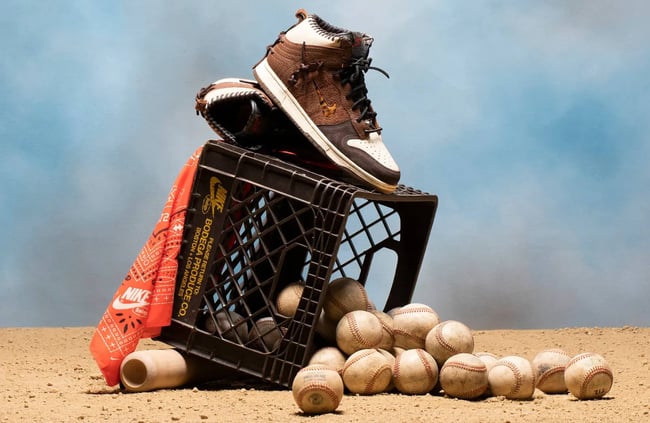 Bodegas Nike ad evokes Sandlot vibes with an image of the shoes on a tipped-over crate of worn, old baseballs