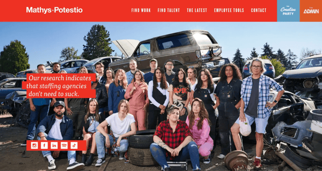 mathys+potestio recruitment website design with a busy hero collage of diverse creatives and a red intro text block