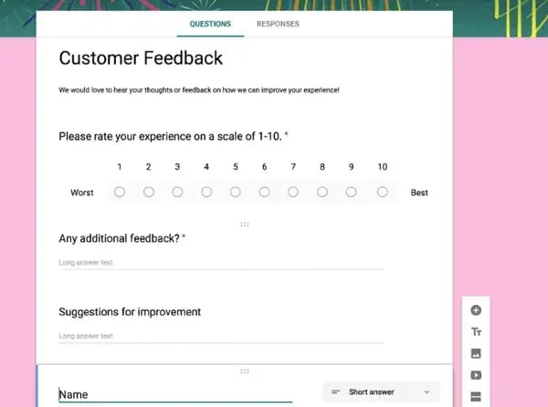 measure customer satisfaction ¨C customer feedback survey form with rating scale and open-ended questions