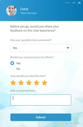 measure customer satisfaction �C live chat post-survey interface showing customer rating prompt