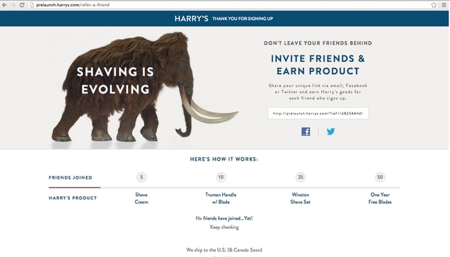screenshot of harry's refer-a-friend landing page