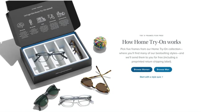 Screenshot of Warby Parkers customer acquisition offer
