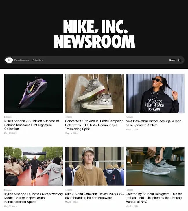 Shoe brand Nikes media kit includes press releases