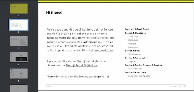 Snapchats media kit includes a clearcut table of contents
