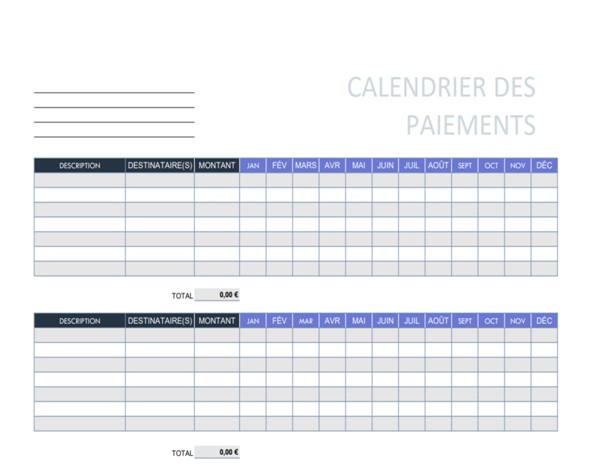 modèle de calendrier des paiements