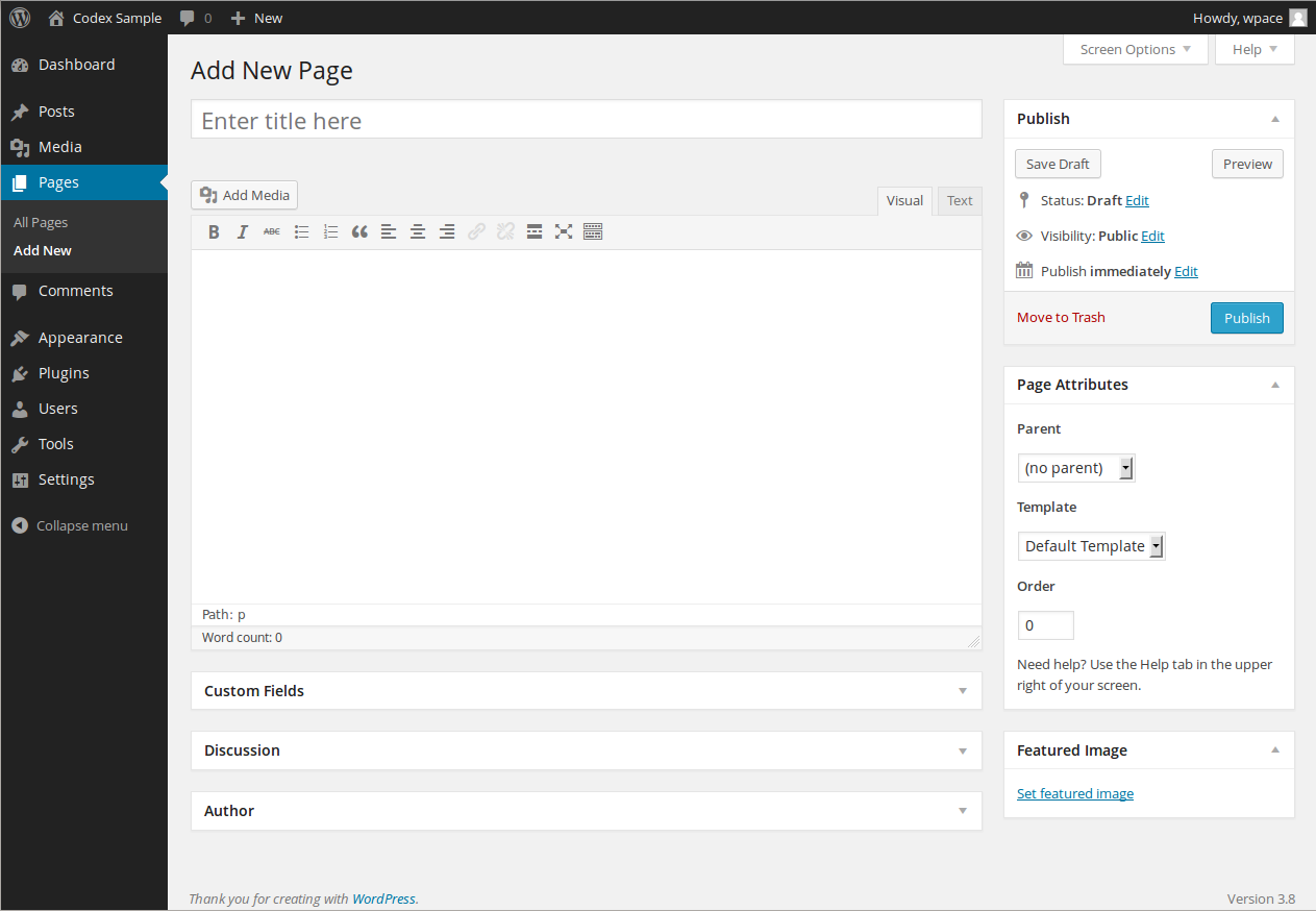 créer pages dans l'interface wordpress