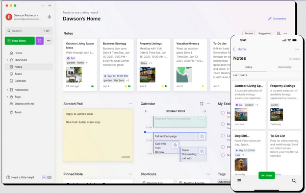 L'interface utilisateur de l'application Evernote.