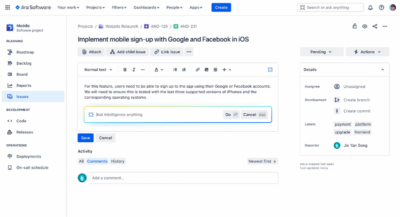 L'interface de la plateforme de gestion du travail Jira.