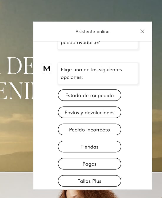 Ejemplo de qué es un chatbot en el sitio de Mango