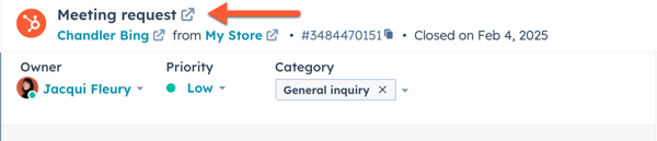 Conversations inbox is displayed. an orange arrow points to the ticket name "meeting request"