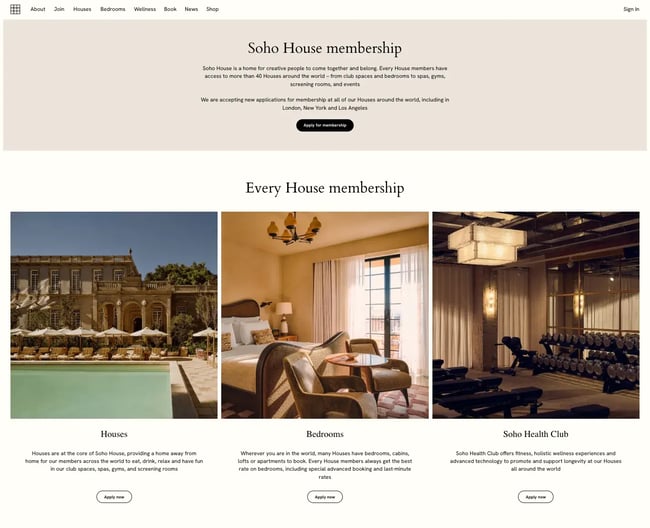 membership landing page, soho house