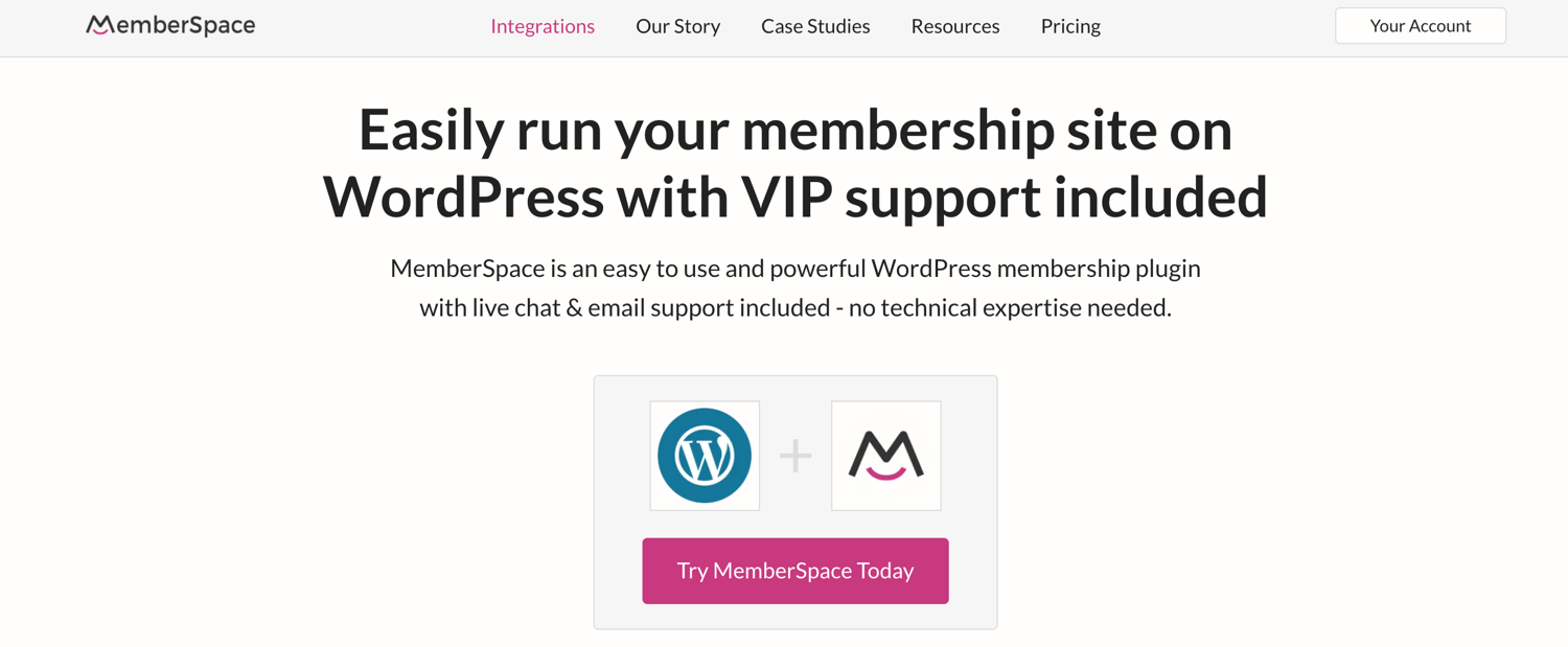 homepage for the WordPress membership plugin Memberspace