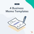 Four business memo templates displayed with a stylized pen and a partially written memo on a sheet of paper, emphasizing the concept of professional communication.