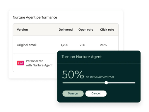 HubSpot UI showing settings for enrolling contacts in nurture agent as well as email stats related to nurture agent performance.