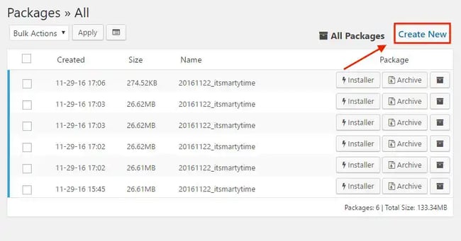 wordpress plugin duplicator, create new package