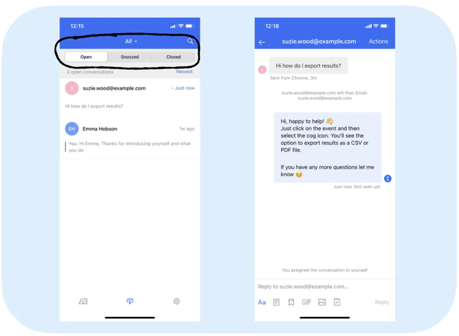 intercom mobile help desk showing conversation list and customer message thread