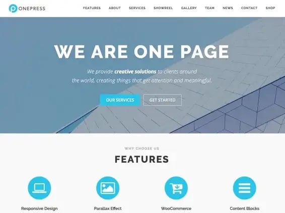 most popular wordpress theme demo example: onepress