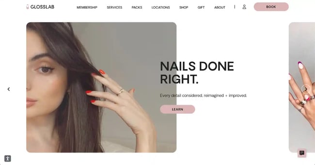 Best nail salon websites, example from Glosslab.