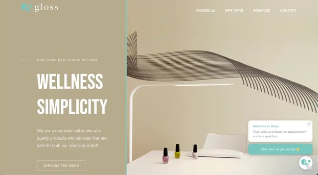 Best nail salon websites, example from Gloss Spa.