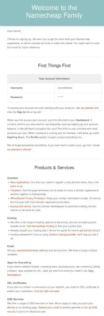 namecheap email onboarding example with resources