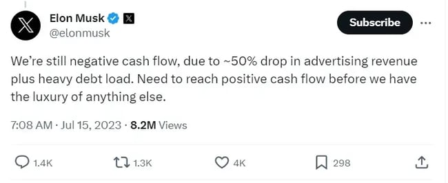 Musks post about Xs negative cash flow