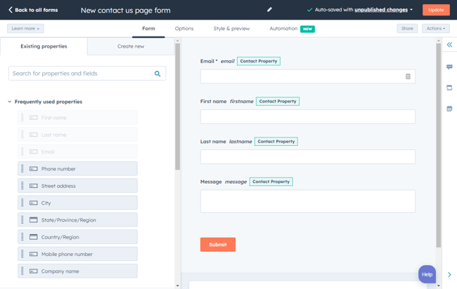 HubSpot form builder contact form with draggable fields and property mapping options