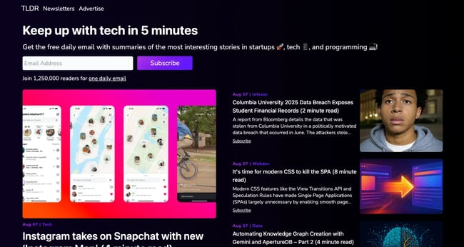 newsletter landing page, tldr