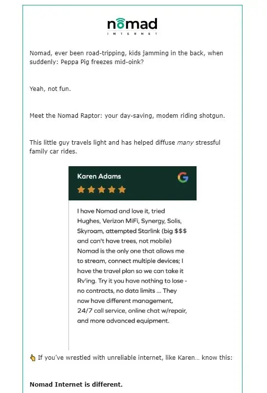 Nomads testimonial drip campaign builds trust among existing users.