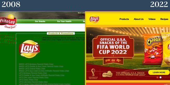 Nostalgic websites: Lay's. Left features an image of the 2008 site and the right features an image of the 2022 site. The left has green background and poor text contrast the right features Lay's well-known yellow color. 