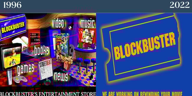 Nostalgic websites: Blockbuster. Left: shows the website in the 1990s during the company's prime. The right shows the website now, in 2022. 