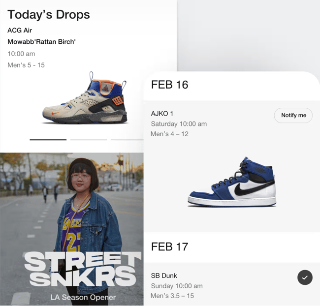 omnichannel sales example, Nike SNKRS app with new shoe drop and event notifications