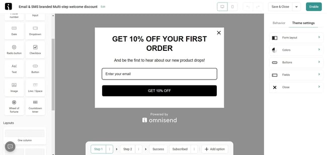 bulk emailing software, Omnisends drag-and-drop form builder interface